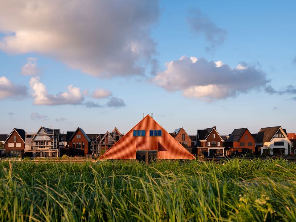 De stolp met oranjebruin dak achter het riet, met de nieuwe wijk erachter