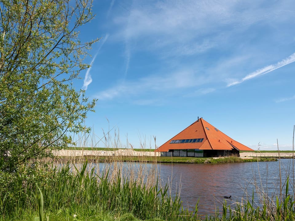 De stolp achter riet en water onder een lucht met condensstrepen