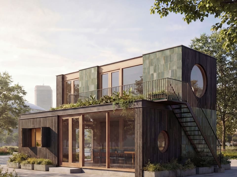 Visualisatie van BLOK: een paviljoen van gestapelde houten modules met terras, buitentrap en ronde vensters, in de avond met bezoekers