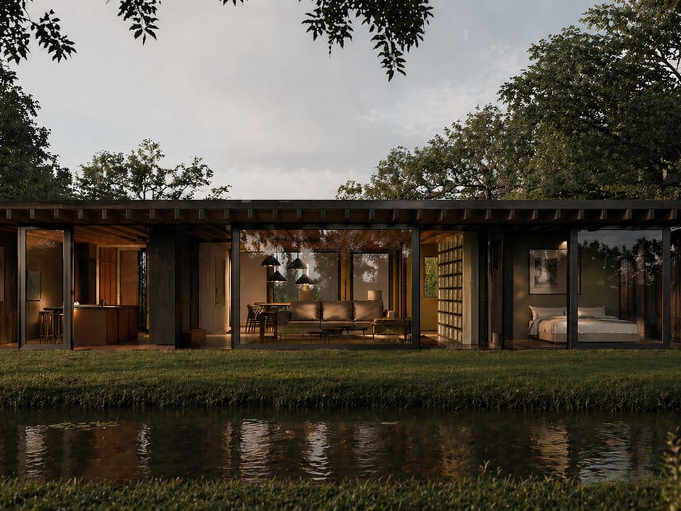Visualisatie van Edam Bungalow: een lange, lage woning met grote glaspartijen aan het water, omringd door bomen