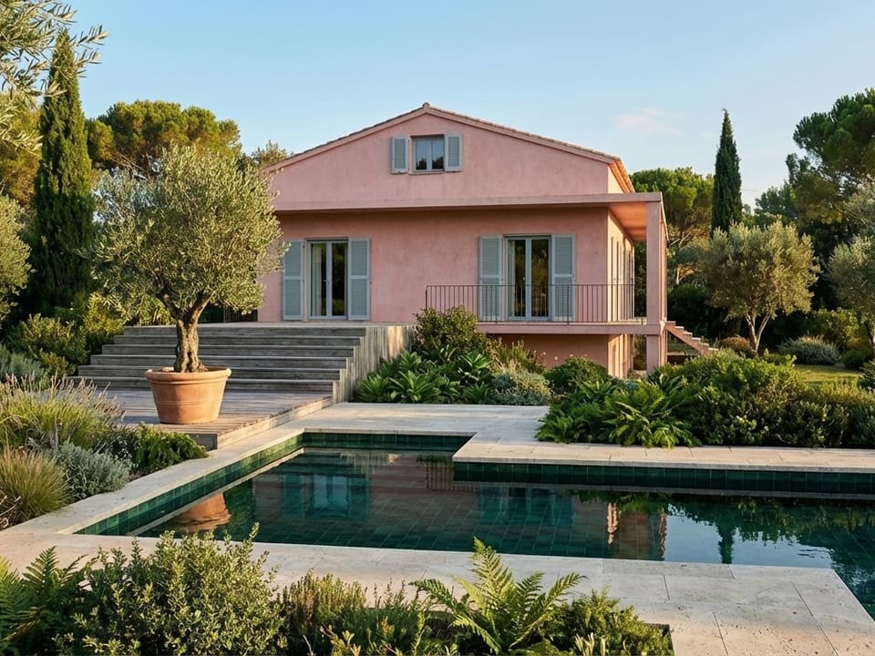 Visualisatie van Villa Corfu: een roze villa met terrassen tussen olijfbomen en cipressen